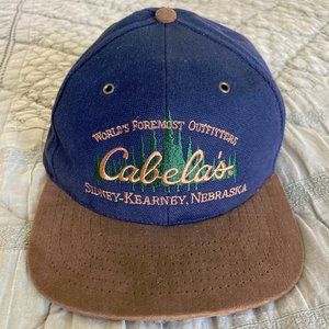 Cabela's Adjustable Cap Hat Vintage Blue/Brown Made in USA OneSize Leather Strap